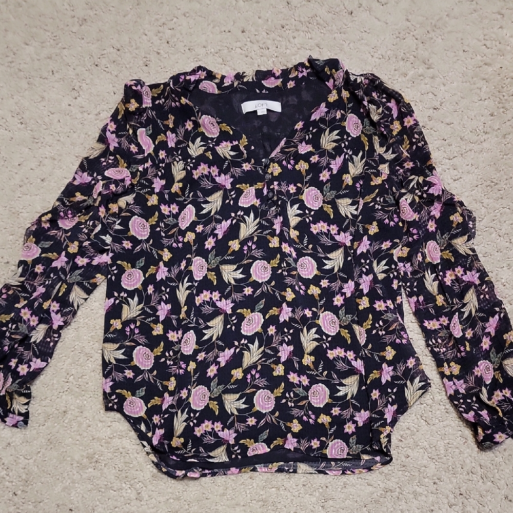 LOFT Pink and Purple Ruffled Blouse with Peter Pan Collar